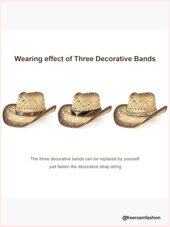 Straw Cowboy Hat with 3 Interchangeable Bands, One Size